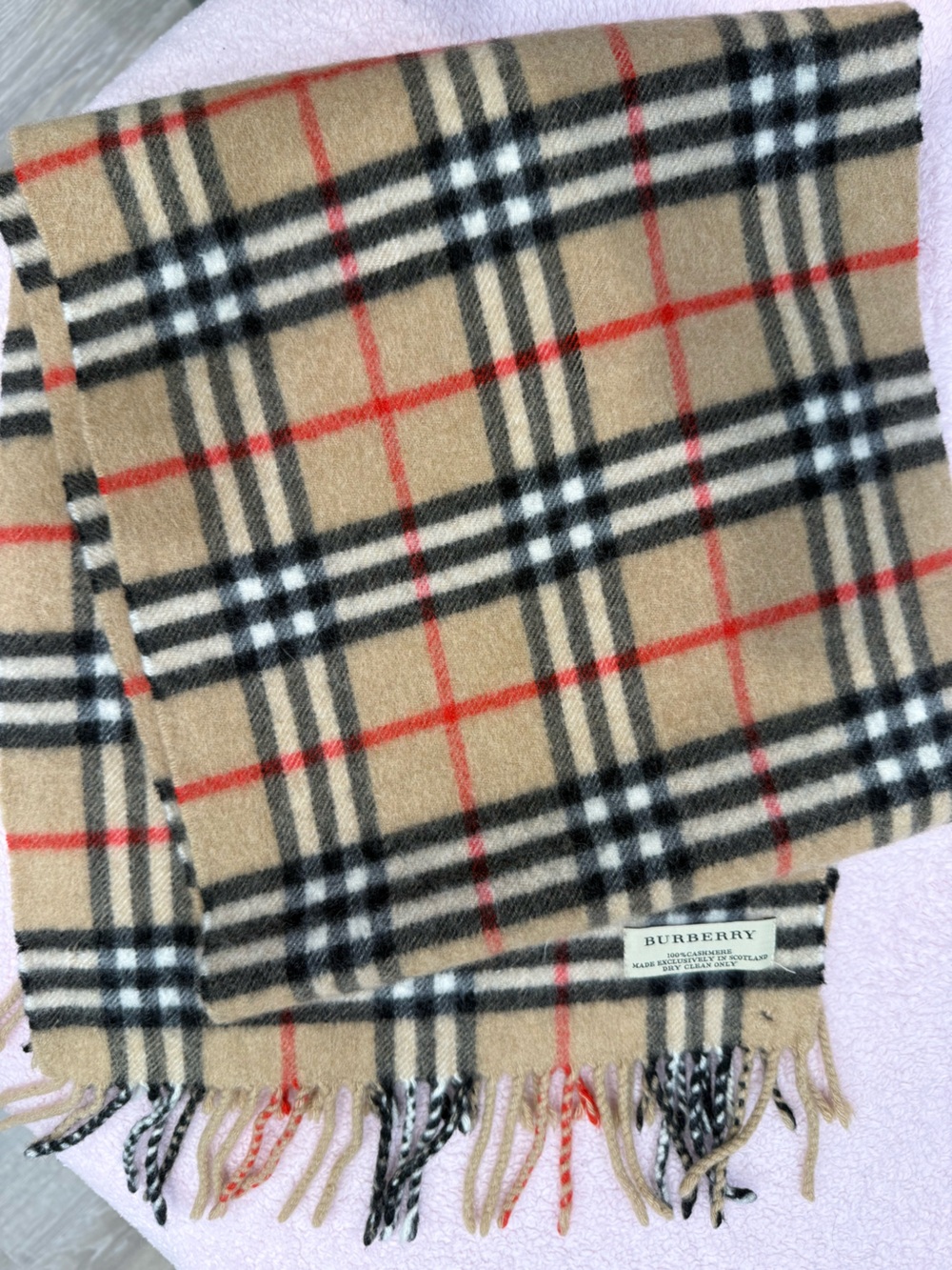 Vintage Burberry Beige Camel Plaid Cashmere Scarf with Black, White and Red